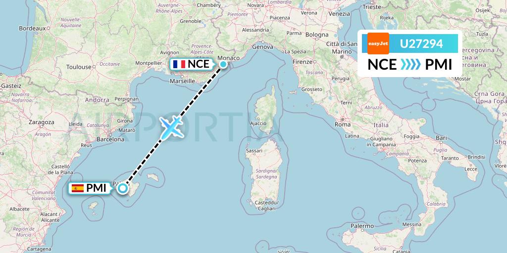 U27294 EasyJet Flight Map: Nice to Palma de Mallorca