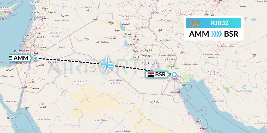 RJ832 Royal Jordanian Flight Map: Amman to Basra