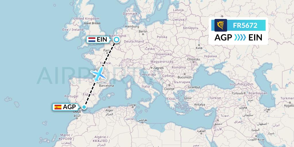 FR5672 Ryanair Flight Map: Malaga to Eindhoven
