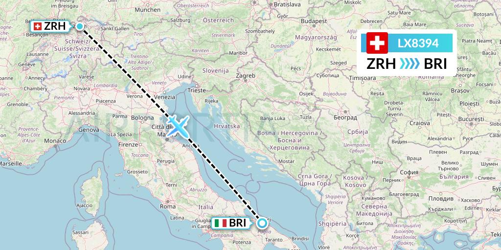 LX8394 Swiss Flight Map: Zurich to Bari