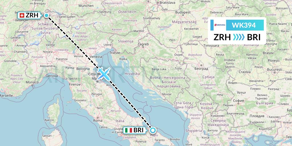 WK394 Edelweiss Air Flight Map: Zurich to Bari