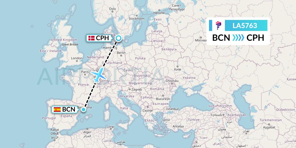 LA5763 LAN Airlines Flight Map: Barcelona to Copenhagen