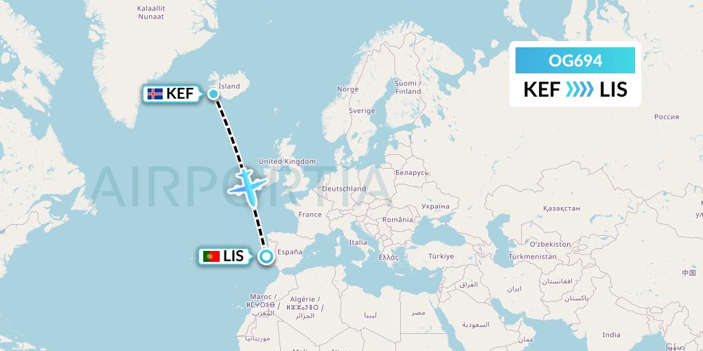 OG694 Fly Play Flight Map: Reykjavik to Lisbon