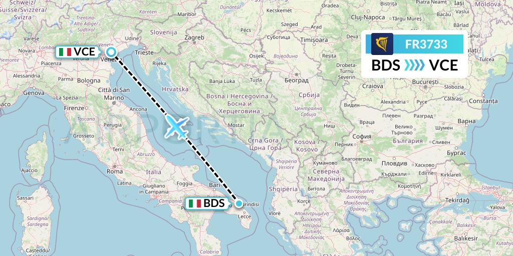 FR3733 Ryanair Flight Map: Brindisi to Venice