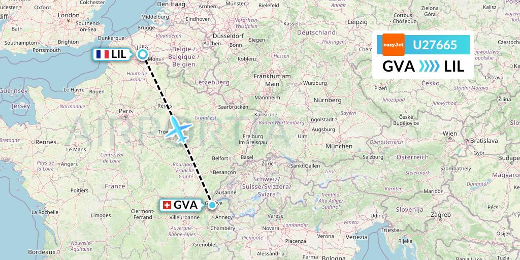U27665 EasyJet Flight Map: Geneva to Lille