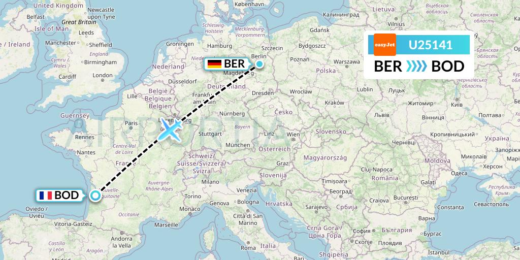 U25141 EasyJet Flight Map: Berlin to Bordeaux