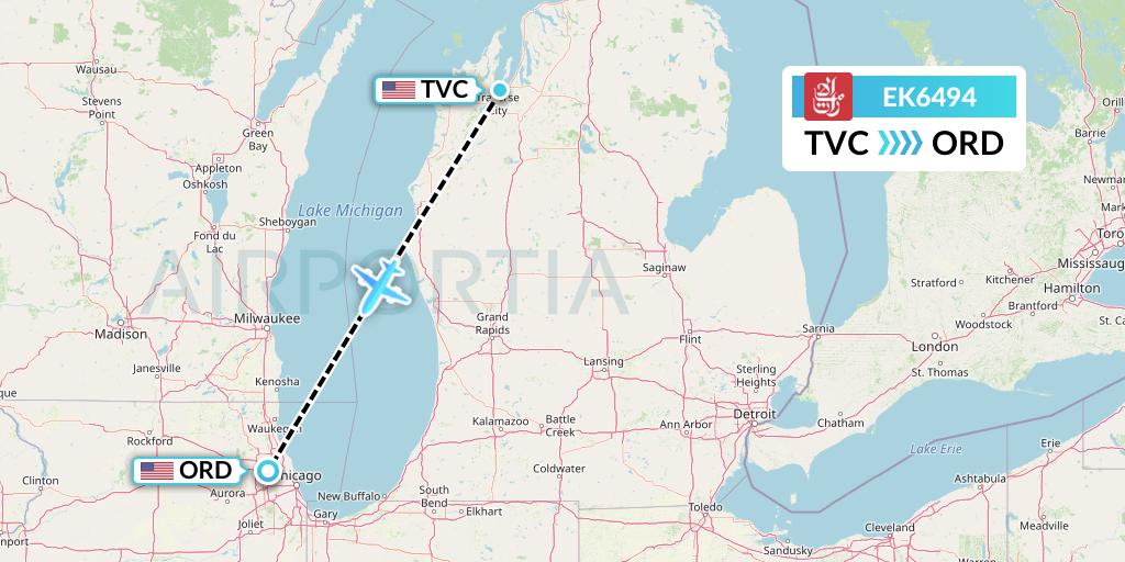 EK6494 Emirates Flight Map: Traverse City to Chicago