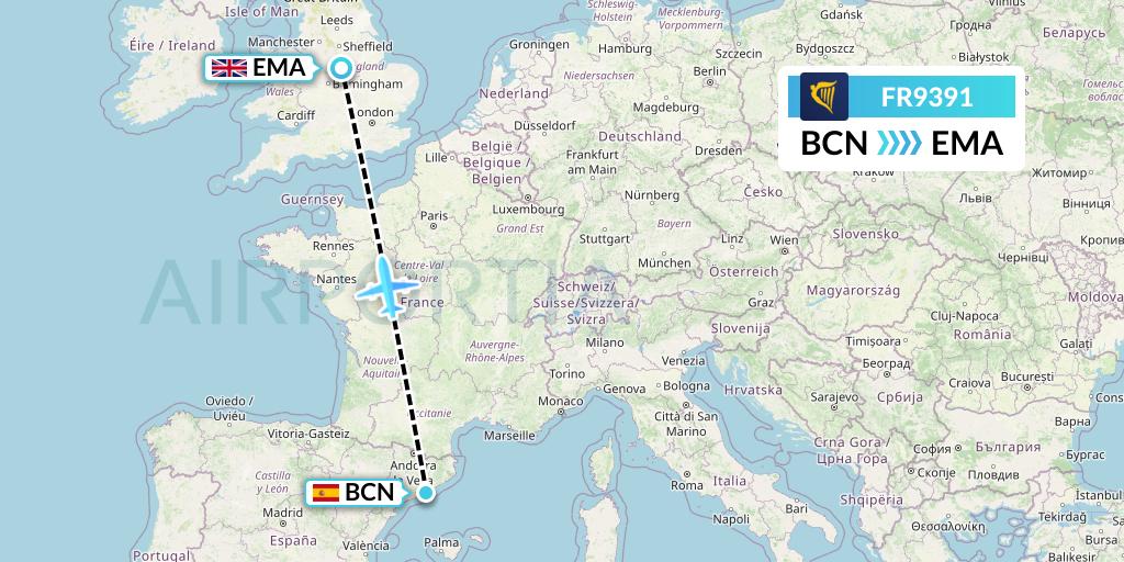 FR9391 Ryanair Flight Map: Barcelona to East Midlands