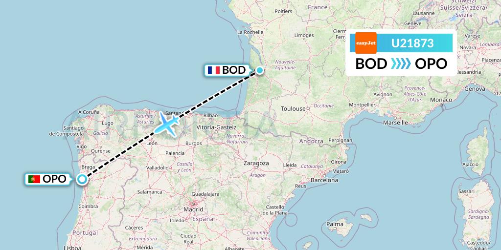 U21873 EasyJet Flight Map: Bordeaux to Porto