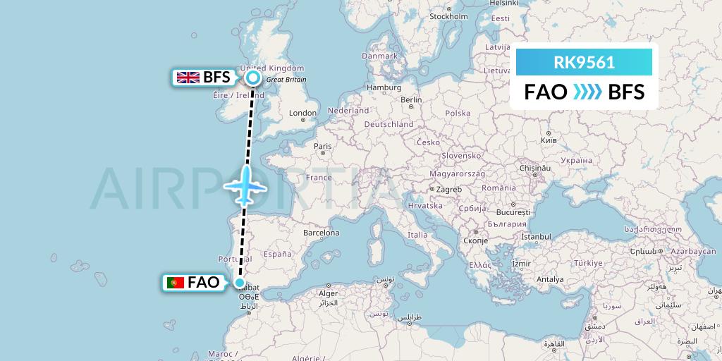RK9561 Ryanair UK Flight Map: Faro to Belfast