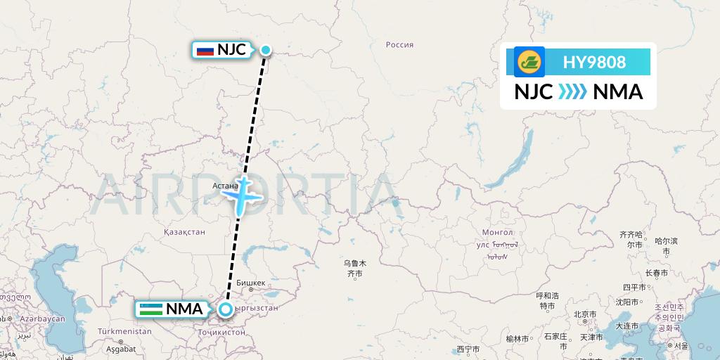 HY9808 Uzbekistan Airways Flight Map: Nizhnevartovsk to Namangan