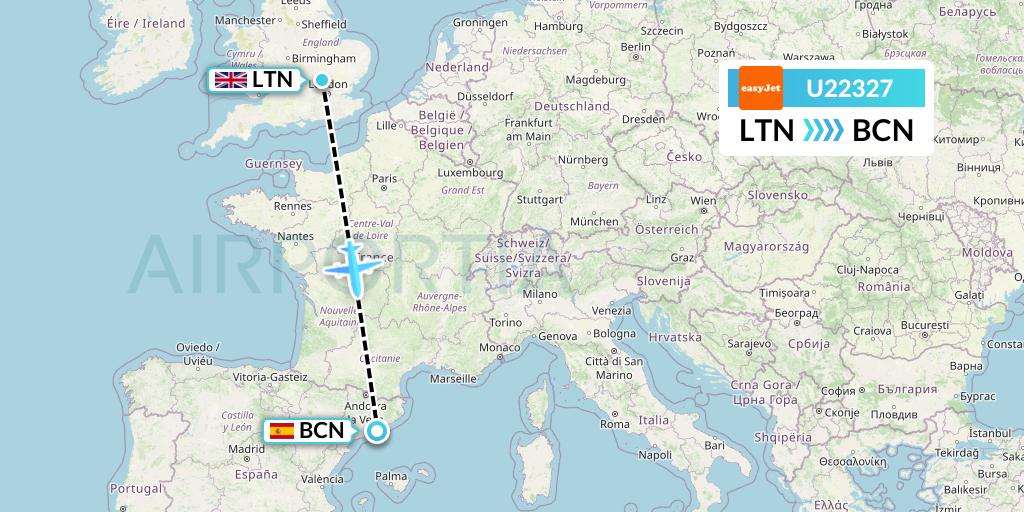 U22327 EasyJet Flight Map: London to Barcelona