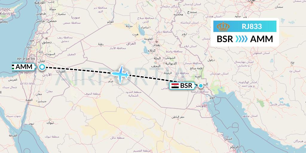 RJ833 Royal Jordanian Flight Map: Basra to Amman