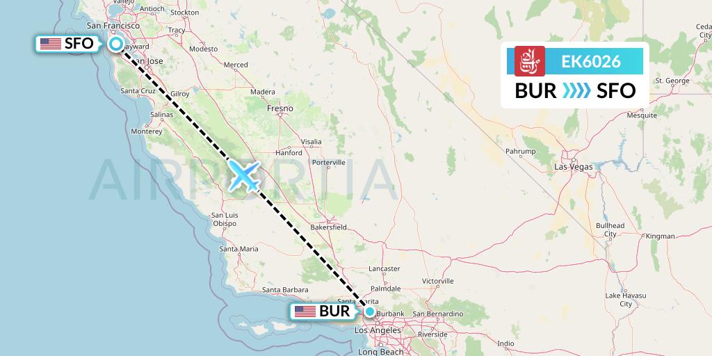 EK6026 Emirates Flight Map: Burbank to San Francisco