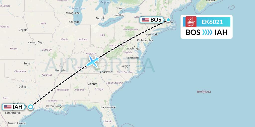 EK6021 Emirates Flight Map: Boston to Houston