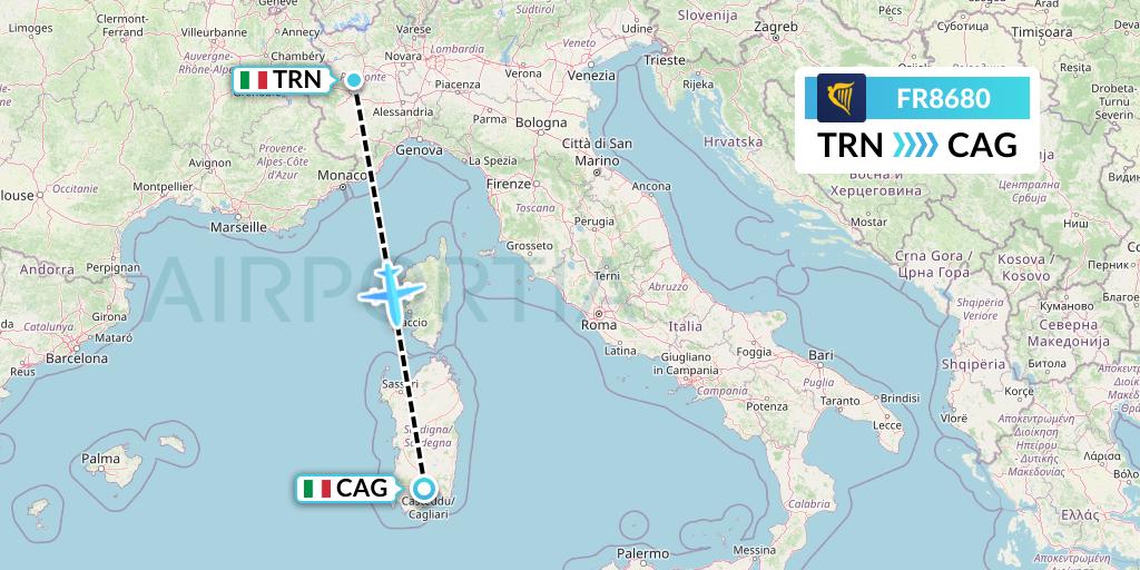 FR8680 Ryanair Flight Map: Turin to Cagliari
