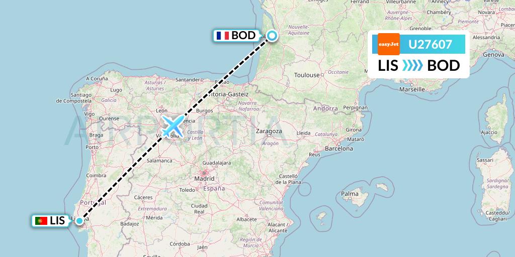 U27607 EasyJet Flight Map: Lisbon to Bordeaux