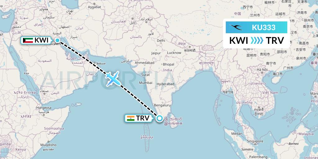 KU333 Kuwait Airways Flight Map: Kuwait City to Thiruvananthapuram