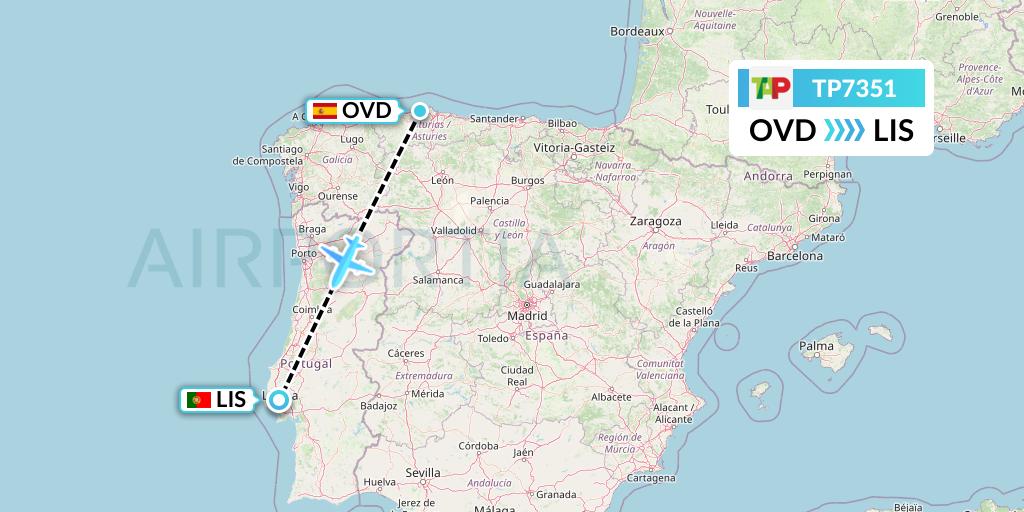TP7351 TAP Portugal Flight Map: Asturias to Lisbon
