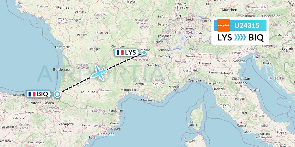 U24315 EasyJet Flight Map: Lyon to Biarritz