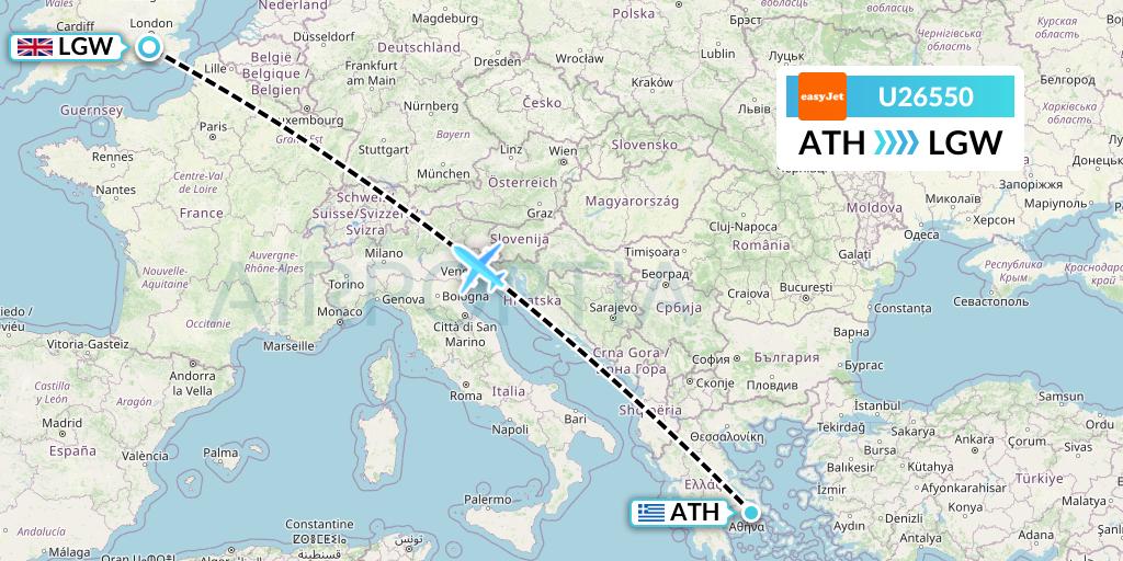 U26550 EasyJet Flight Map: Athens to London