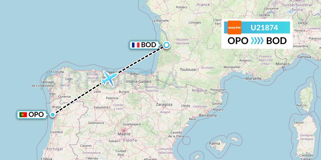 U21874 EasyJet Flight Map: Porto to Bordeaux