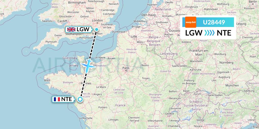 U28449 EasyJet Flight Map: London to Nantes
