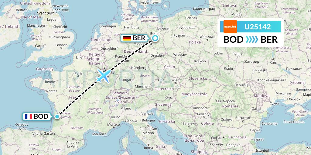 U25142 EasyJet Flight Map: Bordeaux to Berlin