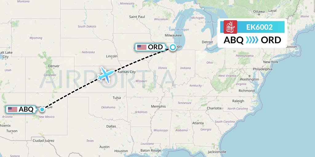 EK6002 Emirates Flight Map: Albuquerque to Chicago