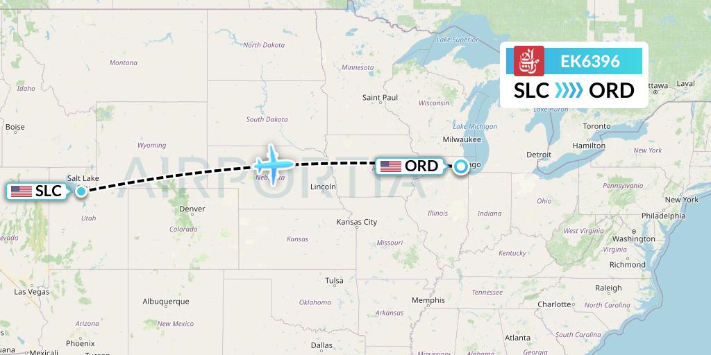 EK6396 Emirates Flight Map: Salt Lake City to Chicago
