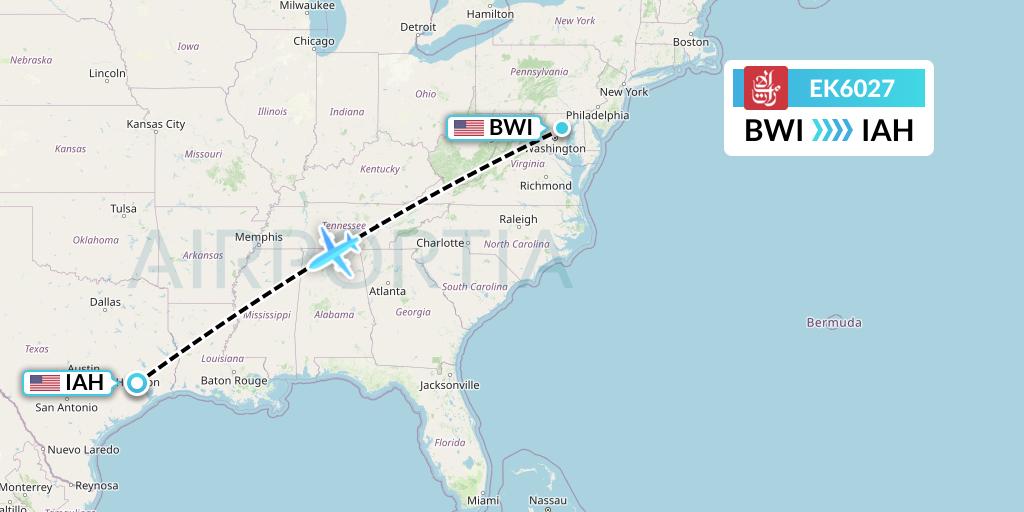 EK6027 Emirates Flight Map: Baltimore to Houston