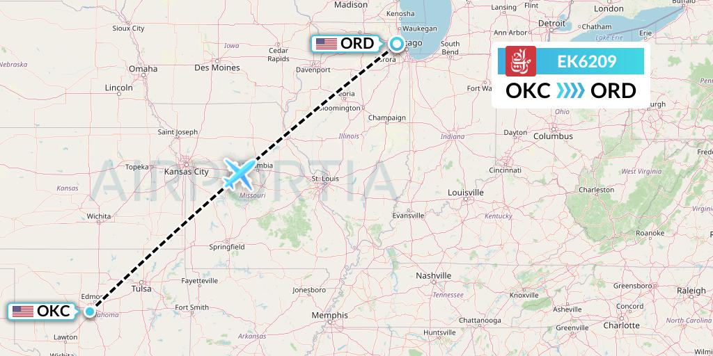 EK6209 Emirates Flight Map: Oklahoma City to Chicago