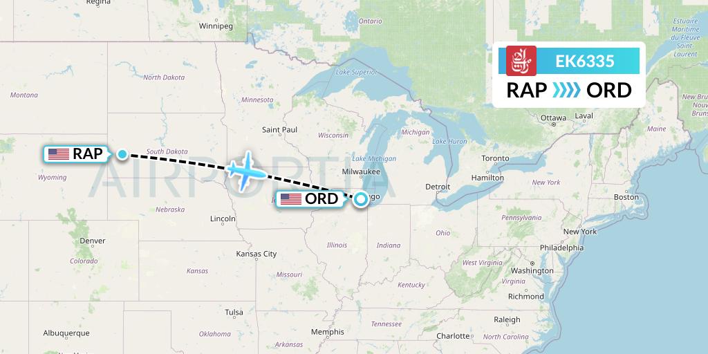 EK6335 Emirates Flight Map: Rapid City to Chicago