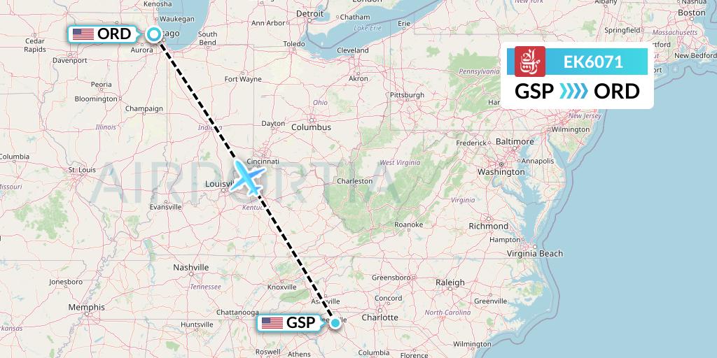 EK6071 Emirates Flight Map: Greenville-Spartanburg to Chicago