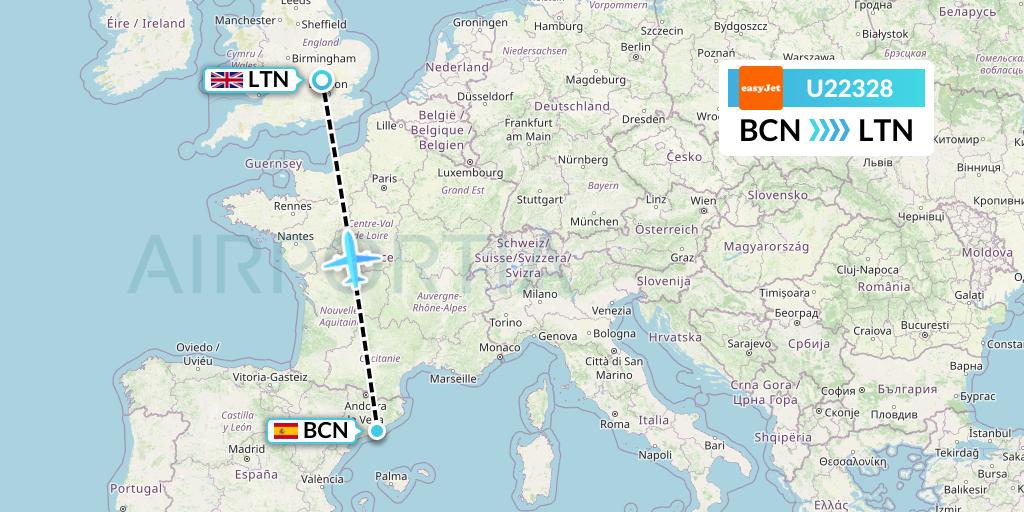 U22328 EasyJet Flight Map: Barcelona to London