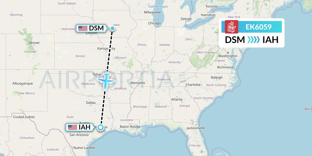 EK6059 Emirates Flight Map: Des Moines to Houston
