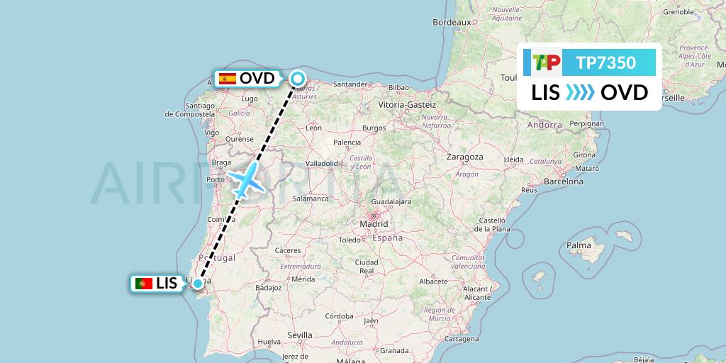 TP7350 TAP Portugal Flight Map: Lisbon to Asturias