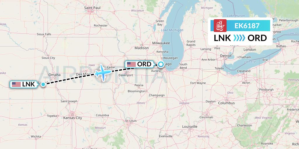 EK6187 Emirates Flight Map: Lincoln to Chicago