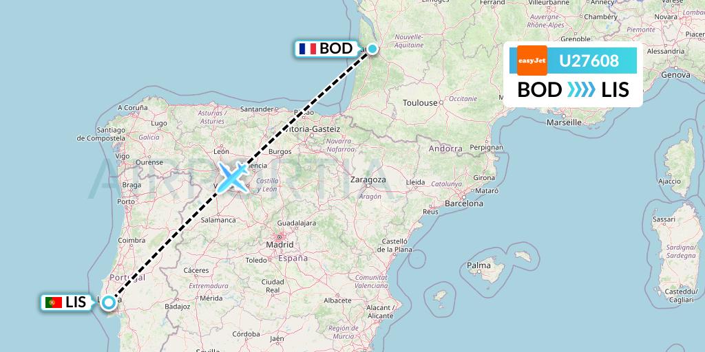 U27608 EasyJet Flight Map: Bordeaux to Lisbon