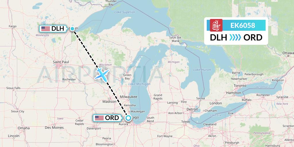 EK6058 Emirates Flight Map: Duluth to Chicago