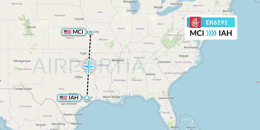 EK6191 Emirates Flight Map: Kansas City to Houston