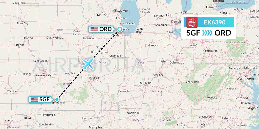 EK6390 Emirates Flight Map: Springfield to Chicago