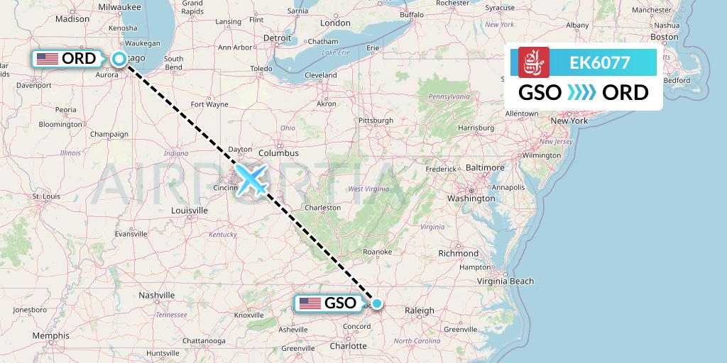 EK6077 Emirates Flight Map: Greensboro to Chicago