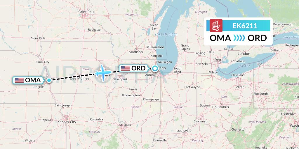 EK6211 Emirates Flight Map: Omaha to Chicago
