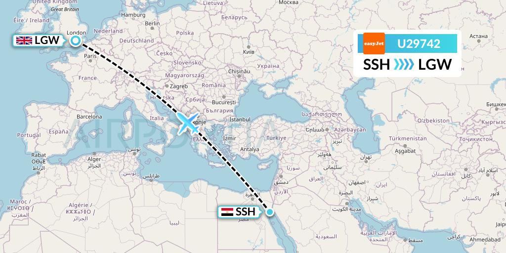 U29742 EasyJet Flight Map: Sharm el-Sheikh to London