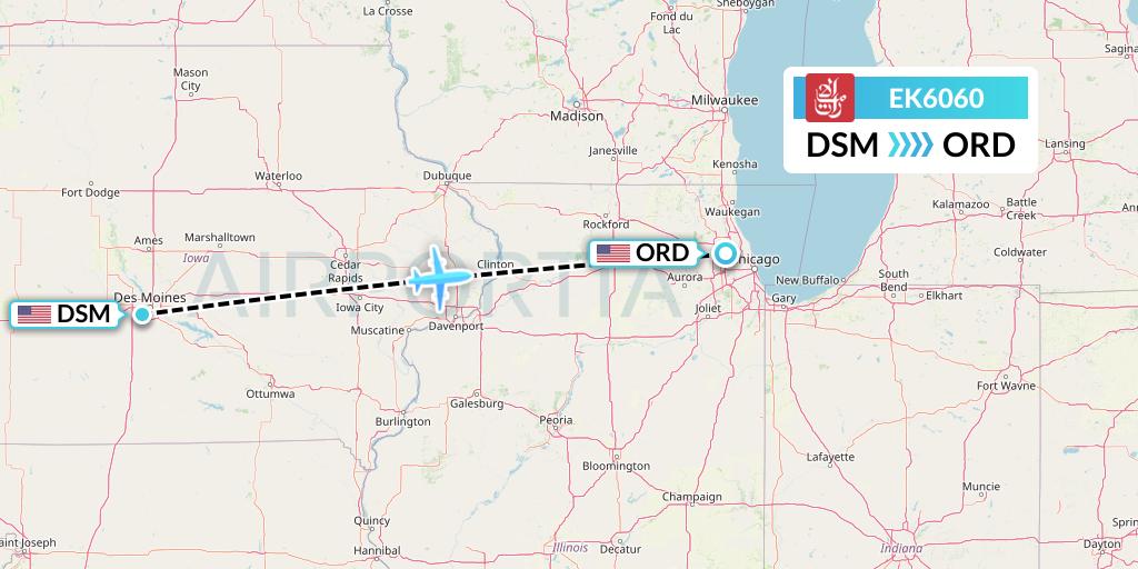 EK6060 Emirates Flight Map: Des Moines to Chicago