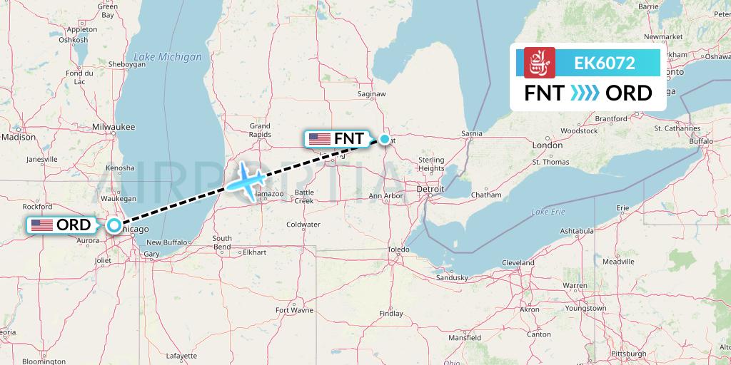EK6072 Emirates Flight Map: Flint to Chicago