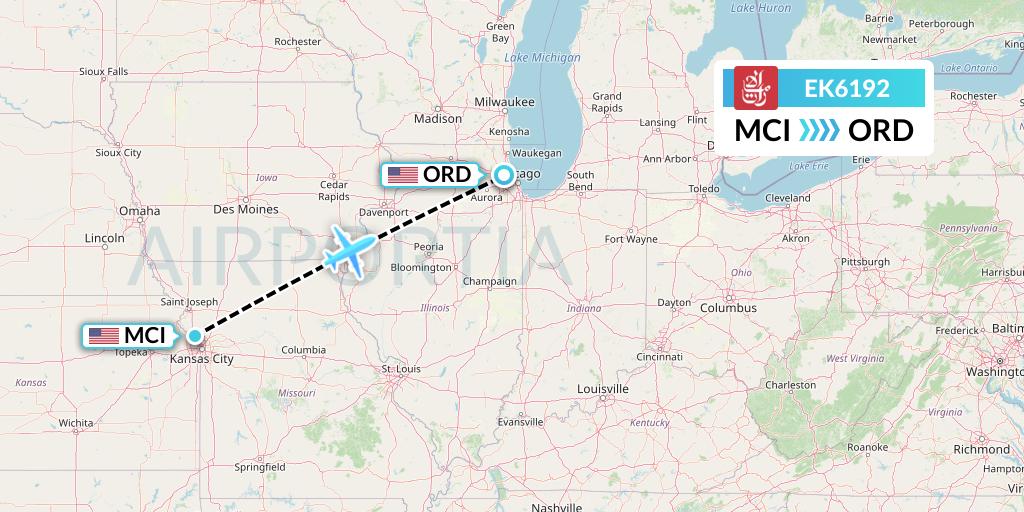 EK6192 Emirates Flight Map: Kansas City to Chicago