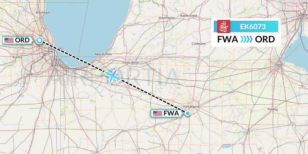 EK6073 Emirates Flight Map: Fort Wayne to Chicago