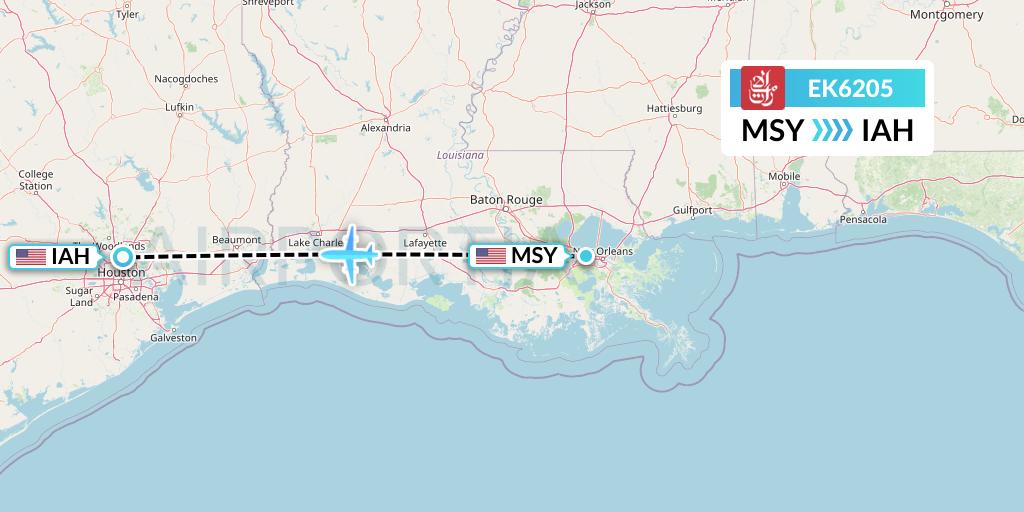 EK6205 Emirates Flight Map: New Orleans to Houston